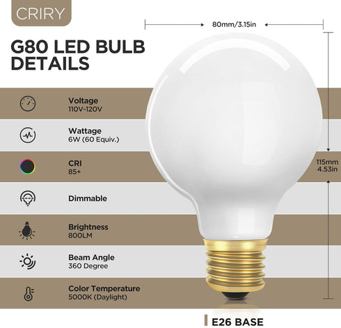 G25 Dimmable LED Globe Light Bulbs, 60 Watt Equivalent, 6W, 5000K Daylight, E26 Base, 800LM, 4 Pack