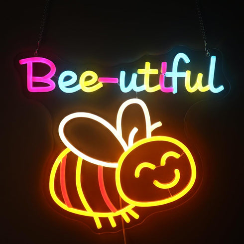 Dimmable "Bee-utiful" Happy Bumblebee Neon Light - Cute & Punny LED Wall Art for Kitchen, Bedroom, Nursery Decor, USB