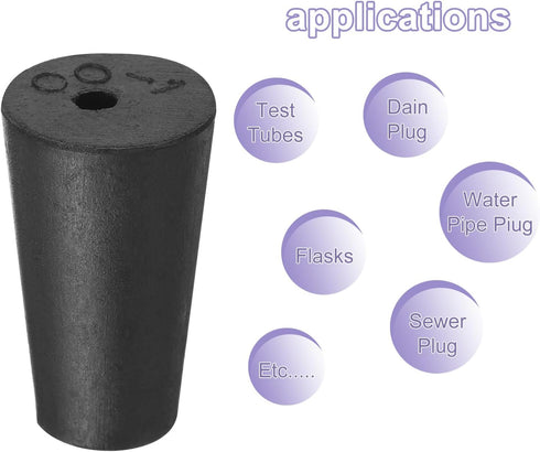 MECCANIXITY Black Rubber Tapered Plug 10mm to 15mm Solid Test Tubes Bungs Stopper with Hole, 8 Pieces for Lab Home