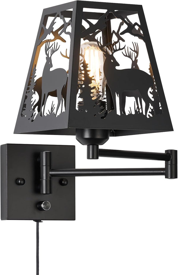 Rustic Dimmable Plug in Deer Wall Sconces, Swing Arm Wall Lamp with