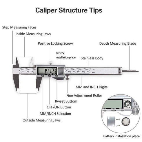 Digital Caliper Measuring Tool, Stainless Steel Electronic Micrometer with Large LCD Screen, 6 Inch/150 mm