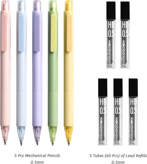 Kaco Mechanical Pencil Set, 5 Cute Pastel Pencils 0.5mm with 5 Tube HB Lead Refills in Mixed Colors