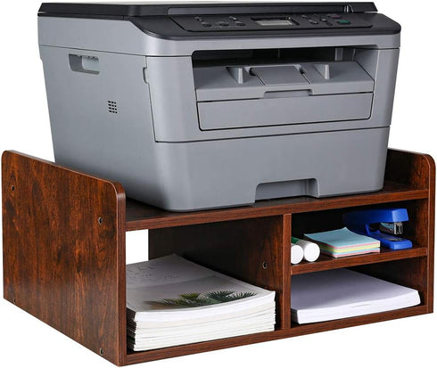 PAG Desktop Printer Stand with Storage, Wooden Paper Holder Rack for Desk Organization, Retro Brown