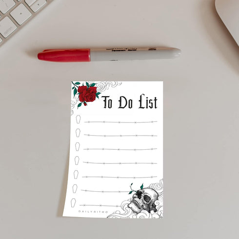 Gothic Skull Sticky To Do List Notepad, Witchy Gifts for Women, Creepy Spooky Goth Emo Stuff, 50 Pages
