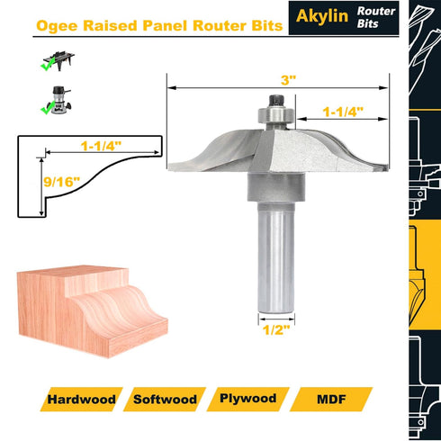 Raised Panel Cabinet Door Making Router Bits,1/2" Shank Ogee Molding, Cutting Dia.3",Door & Window Router Bit,for Paneling Trimming, Routing