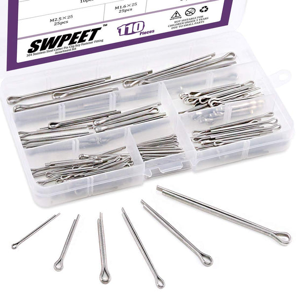 110Pcs 304 Stainless Steel Cotter Pin Clip Key Fastener Assortment Kit for Automotive Mechanics & Small Engine Repair