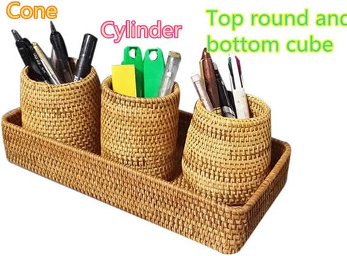 Handmade Rattan Pencil Holder, Cone Makeup Brush Holder, 7 Inch Table Décor Organizer for Stationery and Flowers
