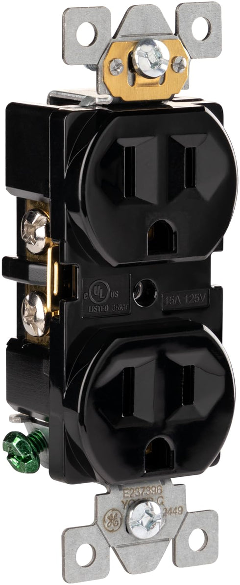 GE Grounding Duplex Heavy-Duty Receptacle, Black Outlet, Electrical Wall Receptacle Outlet, Supports