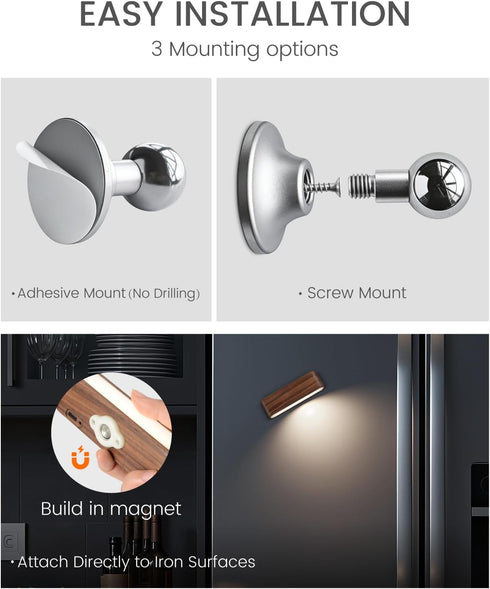 360Rotate (1 Pack Wood LED Wall Sconce Magnetic Wall Mounted Lamp Brightness Adjustable Night Lights Rechargeable
