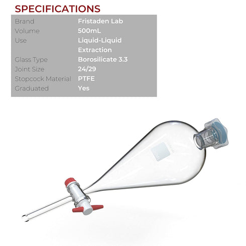 American Fristaden Lab 500mL Separatory Funnel, PTFE Stopcock Valve, Borosilicate Glass