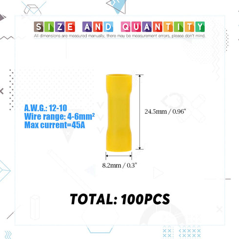 Glarks 100pcs 12-10 Gauge Butt Electrical Insulated Quick Splice Crimp Terminals Connectors