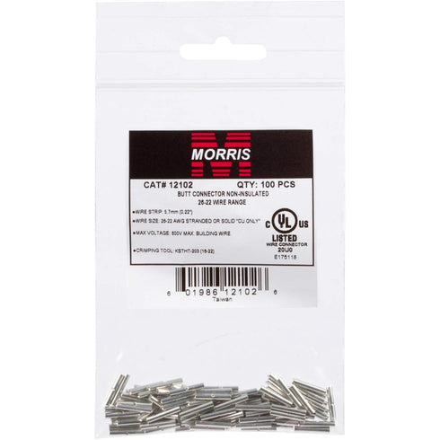 Morris Products 12104 Non-Insulated Butt Splice Connectors 22-16, 100-Pack