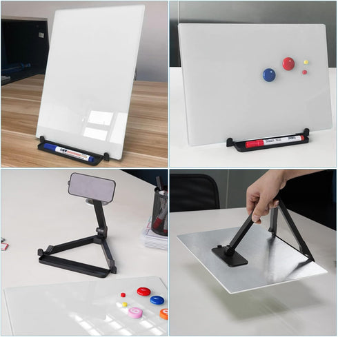 Magnetic Glass Whiteboard Desktop, 16x12" Tabletop Dry Erase Board with Adjustable Stand, Portable