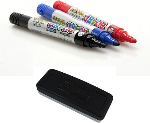 Premium Dry Erase Markers with Eraser Set - 4 White Board Markers in 3 Colors (Black, Red, Blue)