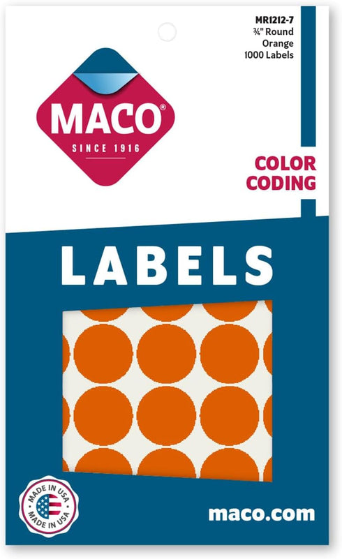 MACO Orange Round Color Coding Labels, 3/4 Inches Diameter, 1000 Per Box (MR1212-7)