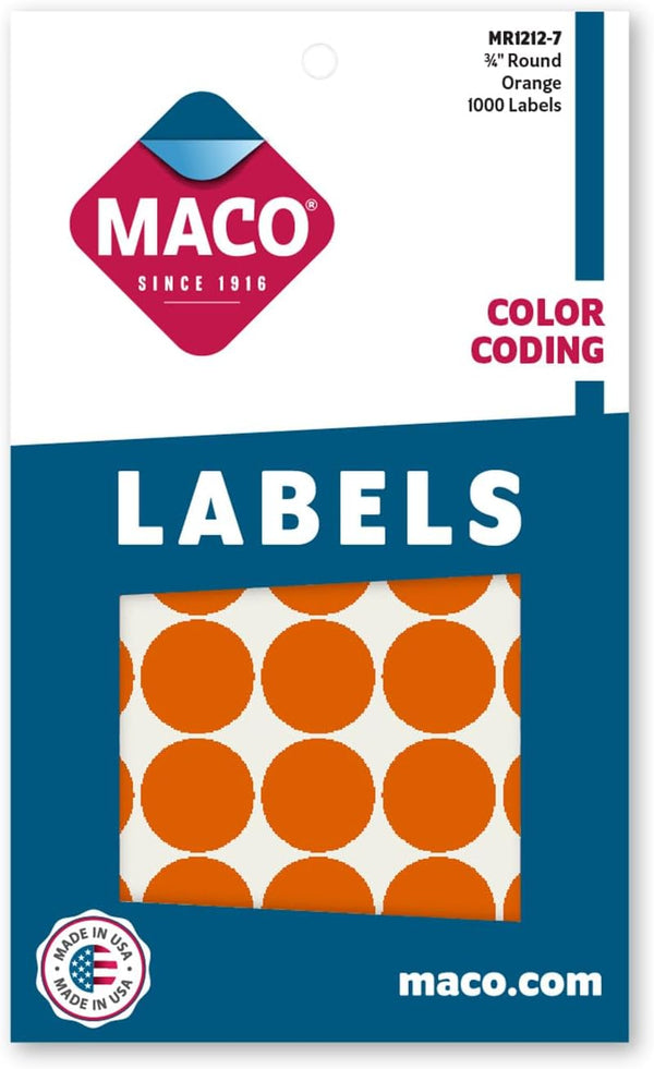 MACO Orange Round Color Coding Labels, 3/4 Inches Diameter, 1000 Per Box (MR1212-7)