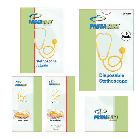 DS-9294 22" Pack 10 PrimaCare Disposable Stethoscope with Sound Sensitive Chestpiece and PVC Tubing, Yellow