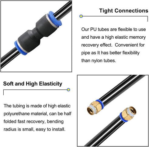 Feelers Pneumatic PU Tubing, 1/2" OD Hose Polyurethane Air Hose Tube for Water Fluid Transfer, Black (9.84 ft)