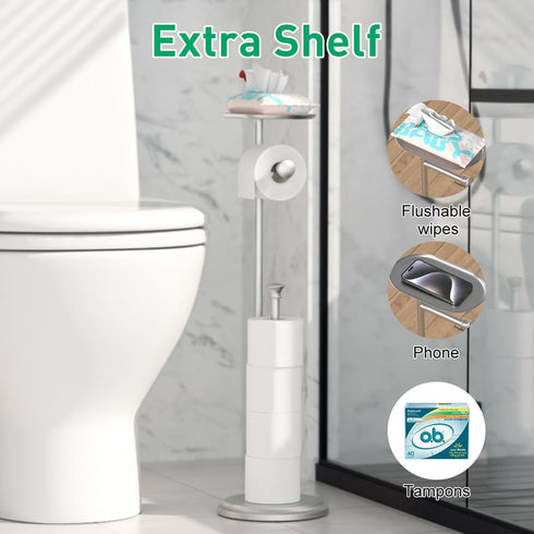 5 Freestanding Toilet Paper Holder with Shelf and Reserve for Small Bathroom Storage, Holds Mega Rolls/Phone/Wipes
