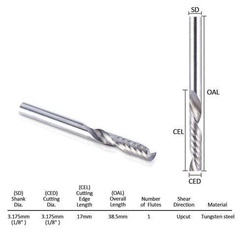 HQMaster 1/8 Shank CNC Router Bits, 3.175mm End Mill Single Flute Spiral Router Bit, 10 Pack