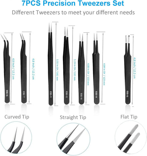YHYZ 7pcs Precision Tweezers Set, Premium Anti-Static Stainless Steel ESD Tweezers Kit for Electronics, Jewelry, DIY