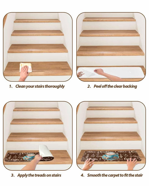 BOHOOSKYLAR 4 8"x30" Green Coffee Cup Beans Stair Treads Sugar Vintage Dark Brown Indoor Non Slip Peel and Stick Stair