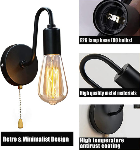 Set 2 E26 Vintage Pull Chain Wall Light Fixtures of Hardwired Wall Sconces with ON Off Switch Retro Black Metal Indoor