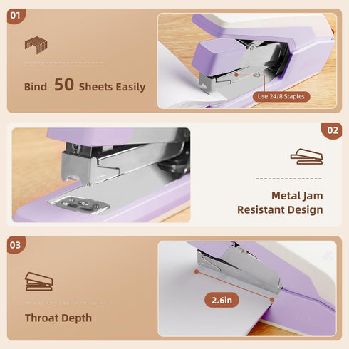 Deli Effortless Desktop Stapler, Heavy Duty, One Finger, 40-50 Sheet Capacity, includes Staples & Staple Remover, Violet