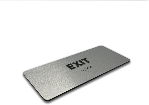 Exit Identification Sign - ADA Compliant, Raised Icons, Braille, Brushed Aluminum, 7"W x 3"H, Made in USA