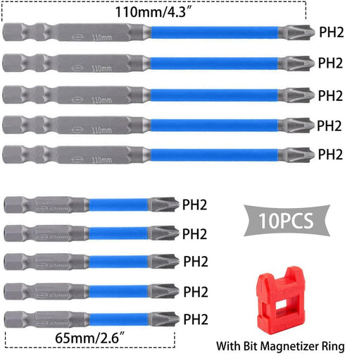 2023 New 10pcs Magnetic Flat Slotted Phillips Screwdriver Bit Set for Electrician PH2 Bit 1/4 Inch Hex
