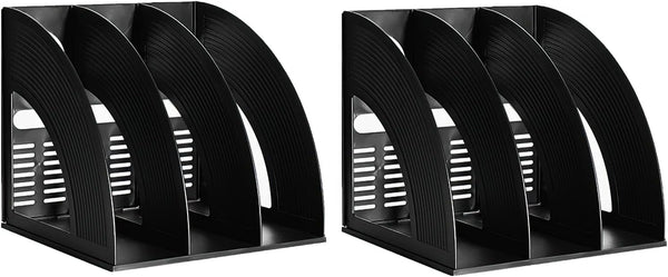Marte Vanci 2 Pcs Magazine File Holder, Black Plastic Desktop Organizer, Sturdy Vertical 3 Section Folder
