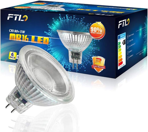 FTL MR16 LED Light Bulbs 3000K Warm White AC/DC 12V Non Dimmable Glass Cover for Track Lighting and Outdoor Landscape