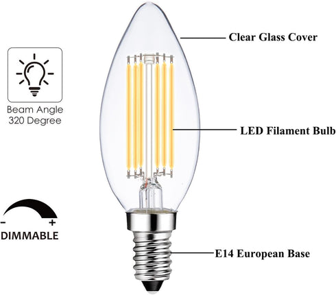 LED E14 Base Light Bulbs, Warm White 2700K, 60W Dimmable, 6W Candle Bulb, 6 Pack