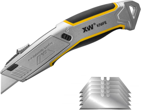 XW Heavy Duty Auto-loading Utility Knife, 3-position Retractable Box Cutter with 5 Blades