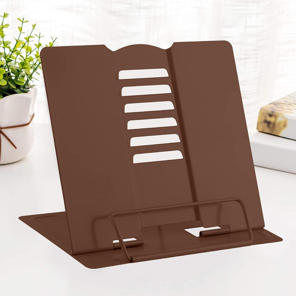 MSDADA Desk Book Stand Metal Reading Rest, Adjustable Cookbook Holder for Recipes and Textbooks (Brown)