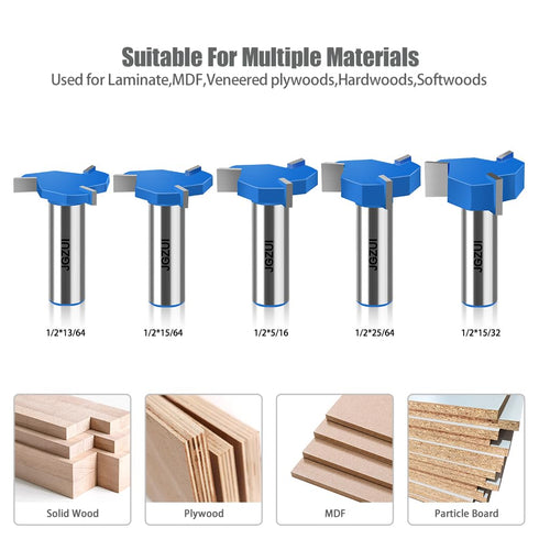 JGZUI 5Pcs Set,1/2" 13/64", 15/64", 5/16", 25/64", 15/32", Three-Blade Slot Cutter Router Bit, ''T'' Type Slotting Bit