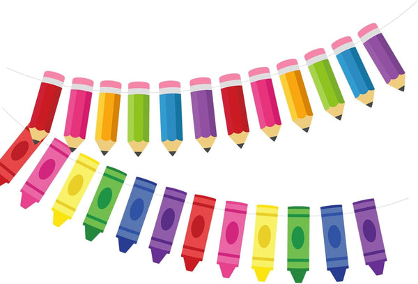 Doumeny 4Pcs Colorful Crayon Paper Banner Back to School Pencil Bunting Garland Colorful