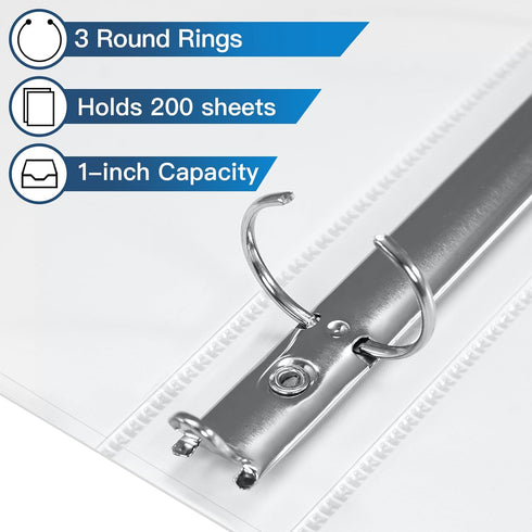 SUIN 1'' 3 Ring Binder - 12 Pack White View Binders with Round Ring, Large 200 Sheet Capacity