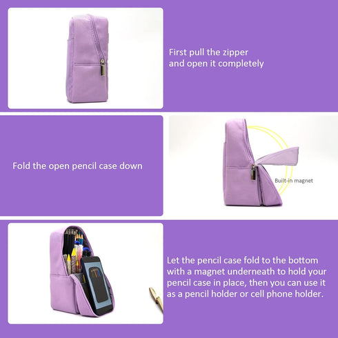 Standing Pencil Case, Large Capacity Zippered Pouch for School Supplies and Office Organization (Purple)