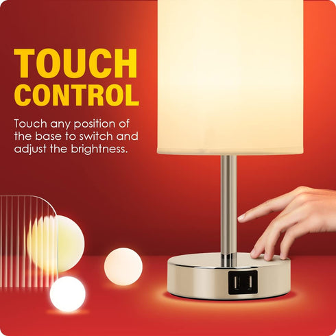 Yarra-Decor Bedside Lamp with USB Port, Touch Control 3 Way Dimmable Nightstand Lamp with Round White Shade