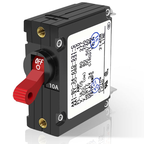 A Series Red Toggle AC/DC Single Pole 10A Magnetic Circuit Breaker - Protects Low Power Devices for Yachts, Motorhomes,