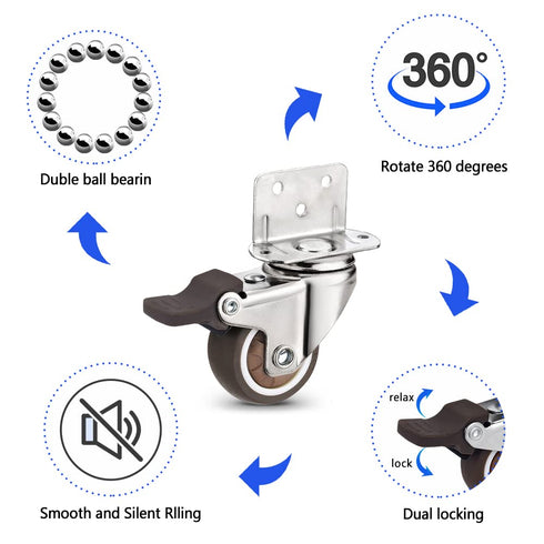 Heavy Duty Casters Set of 4 with Brake, L-Shape Side Mount TPR Plate Caster Wheels for Baby Bed, Carts, Kitchen