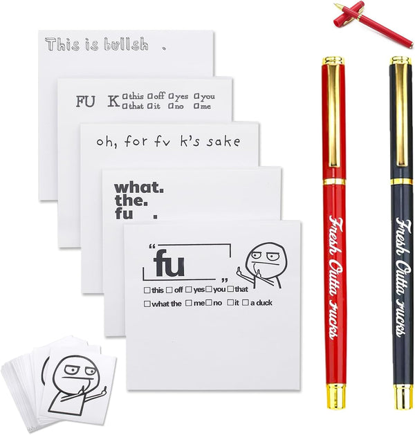 Funny Sticky Notes and Pen Set, Sassy Rude Desk Accessory Gifts for Friends, Co-Workers, Boss (5Pcs Novelty Pads)