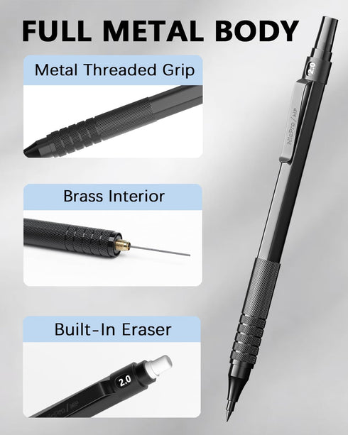 Nicpro 2.0 Mechanical Pencil Set, Black Metal, 3 PCS with Case, Drafting Lead Holder, Graphite Lead Refill & Colors