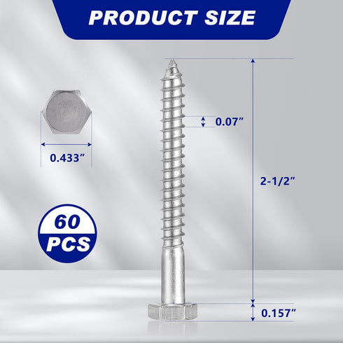 Blulu 60 Pcs 304 Hex Head Lag Screws Stainless Steel Lag Bolts for Wood Plain Finish Hexagon Head Wood Screws(Silver, 1/4" x 2-1/2")