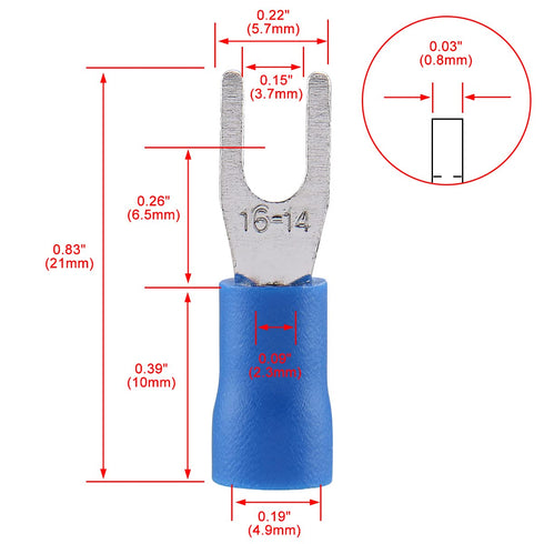 Baomain SV 2-3.5 Spade Terminal Vinyl Insulated, Single Crimp 1.5-2.5 mm², 16-14 Wire Size, Blue (100PCS)