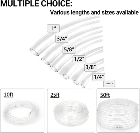 3/8’’ ID × 1/2’’ OD Clear Plastic Vinyl Tubing, 10 ft Flexible PVC Hose for Water, Air, Oil Transfer