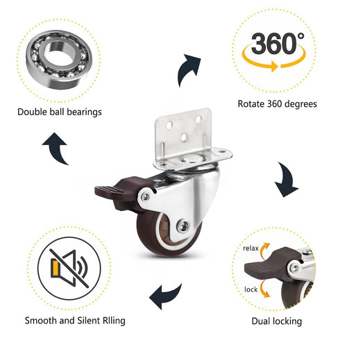 YAJIYO 1.5'' Pack 4, 40 Lbs Silent Swivel Plate TPE Caster Wheels - of Low Profile L-Bracket Casters with Brake