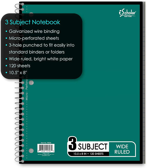 iScholar 3-Subject Wirebound Notebook, 120 Sheets, Wide Ruled, 10.5 x 8-Inches, Cover Color May Vary