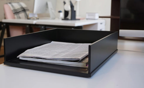 Victor 1142-5 Midnight Black Front Load Letter Tray, Matte Black with Faux Leather Tray Pad